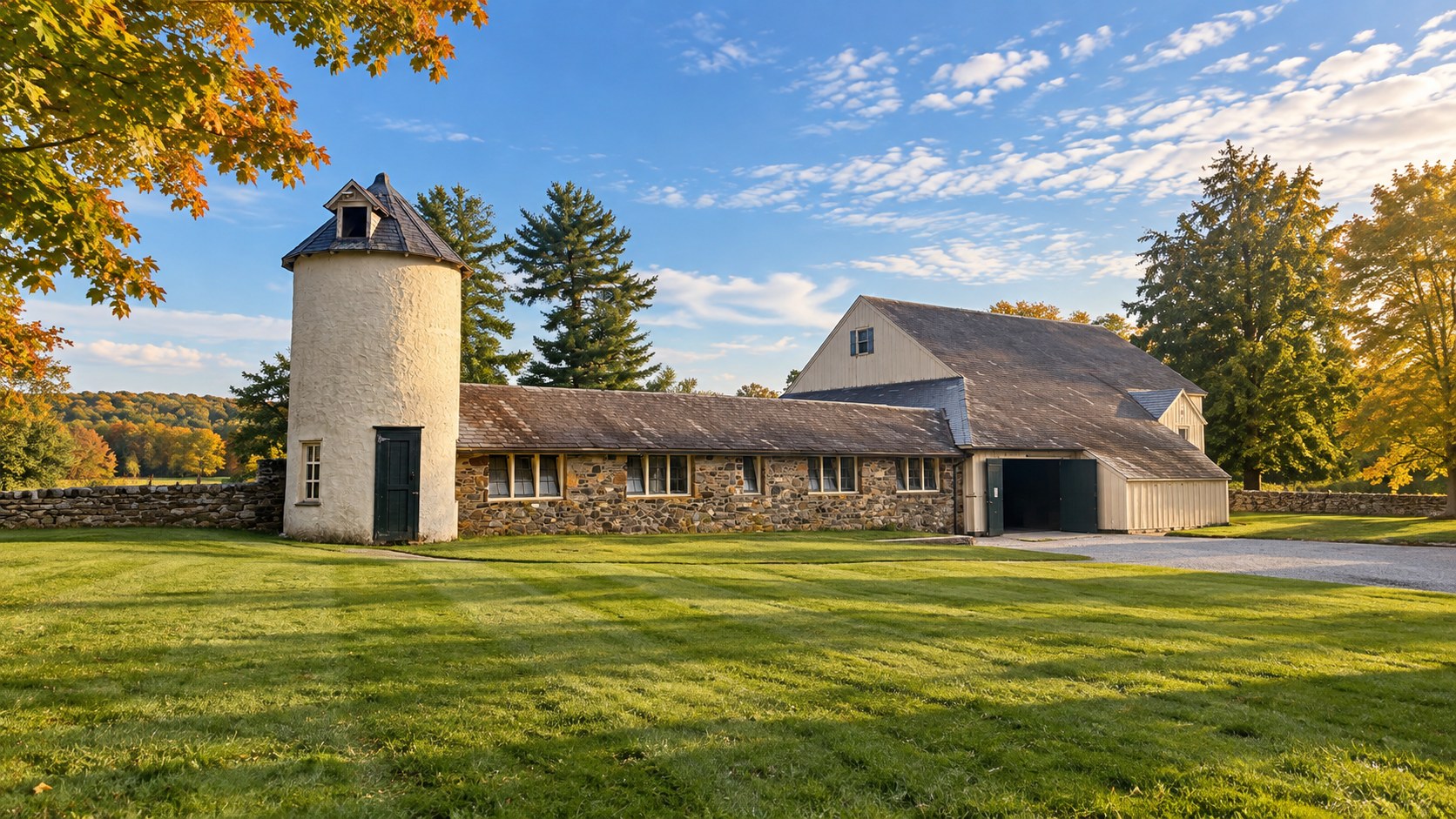Historic stone barn and silo at Shadow Creek Farm