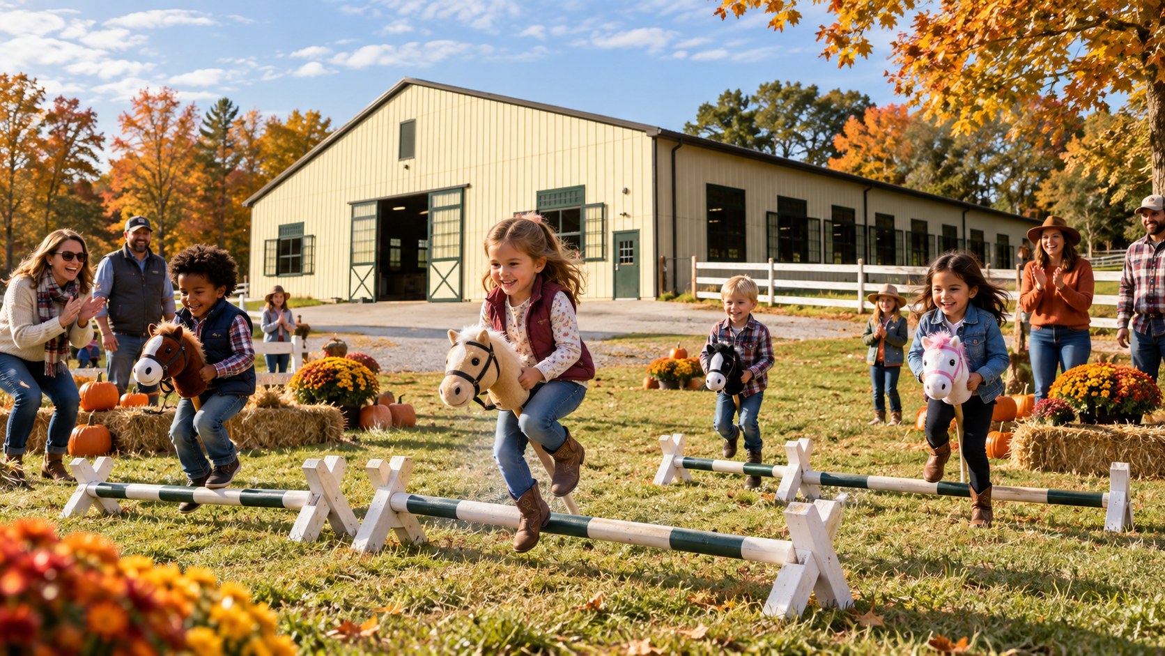 Children riding toy hobby horses over low cross rails with the farm’s cream arena building behind them