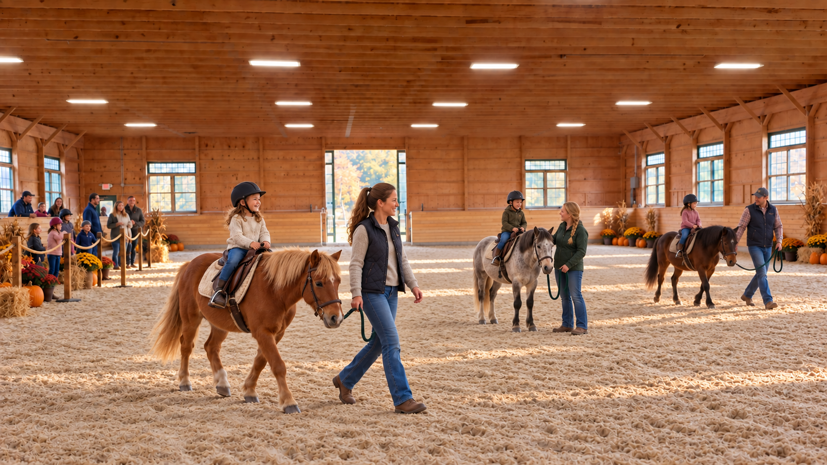Children enjoying handler-led pony rides while families wait inside the Ridley arena