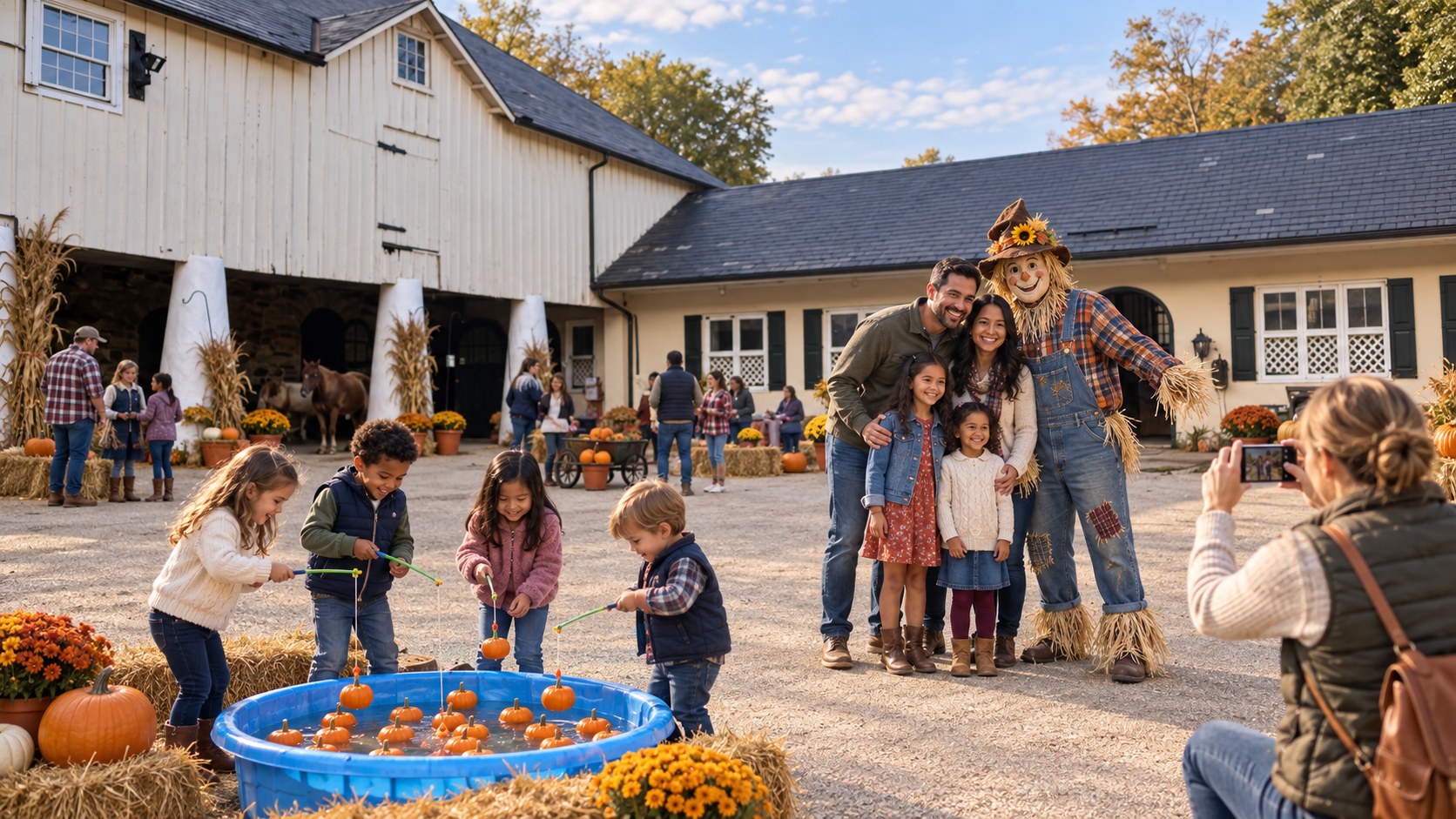 Pumpkin fishing and family scarecrow photos in the recognizable barn courtyard