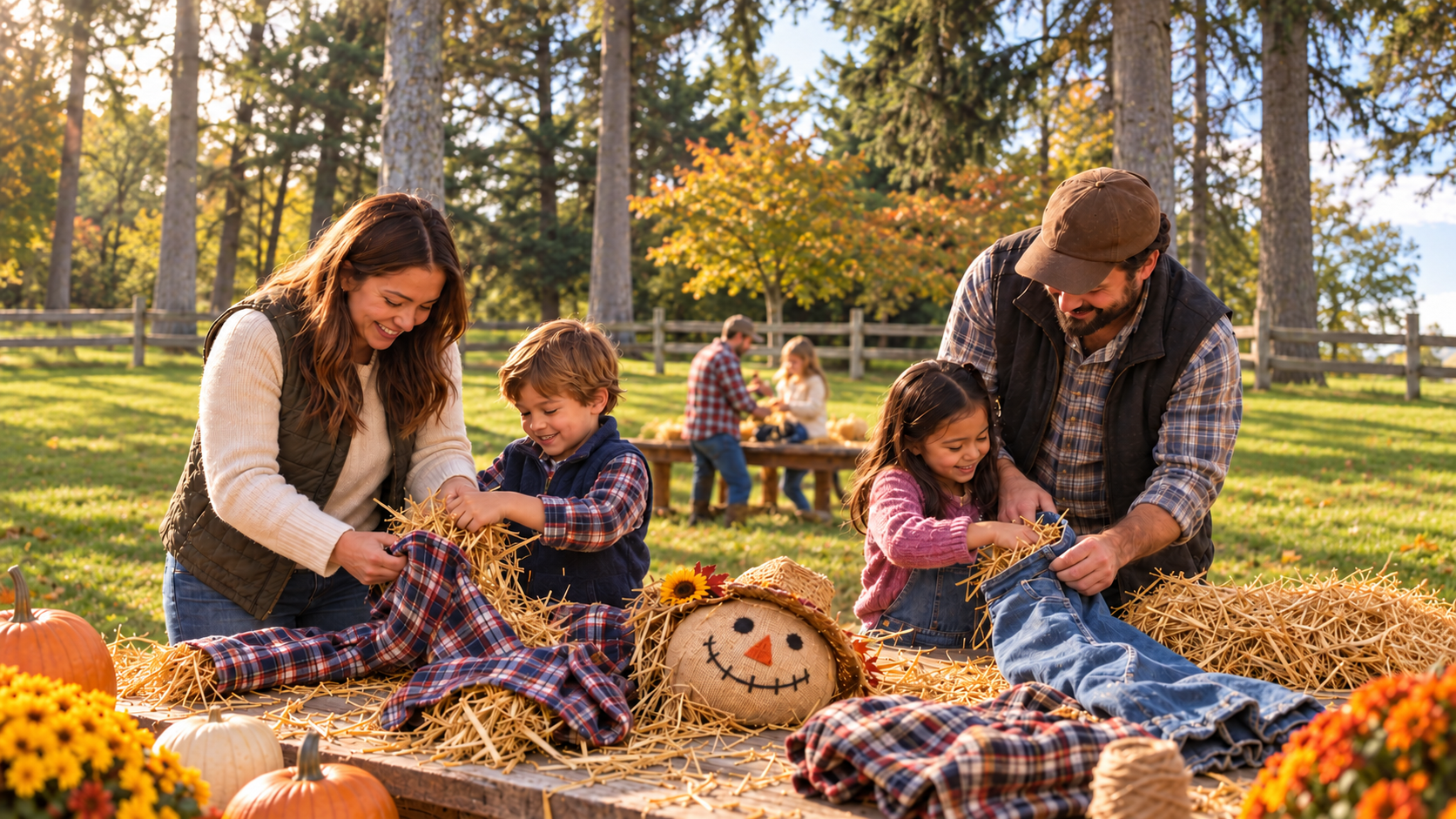 Children building a scarecrow at two tables beside the farm’s tree-lined paddock fence
