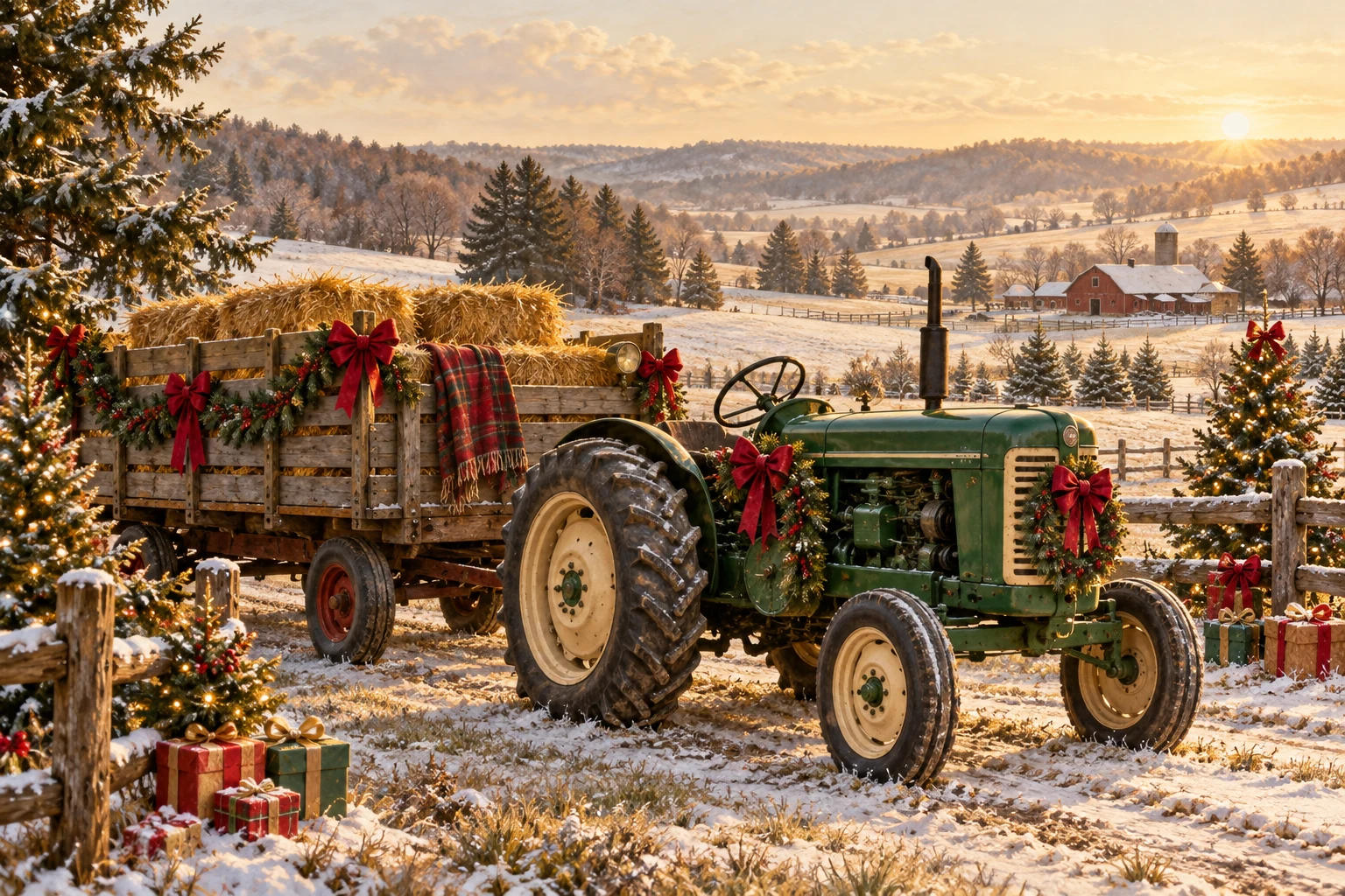 Illustrated holiday hay wagon beside a winter field with decorated trees and hidden presents