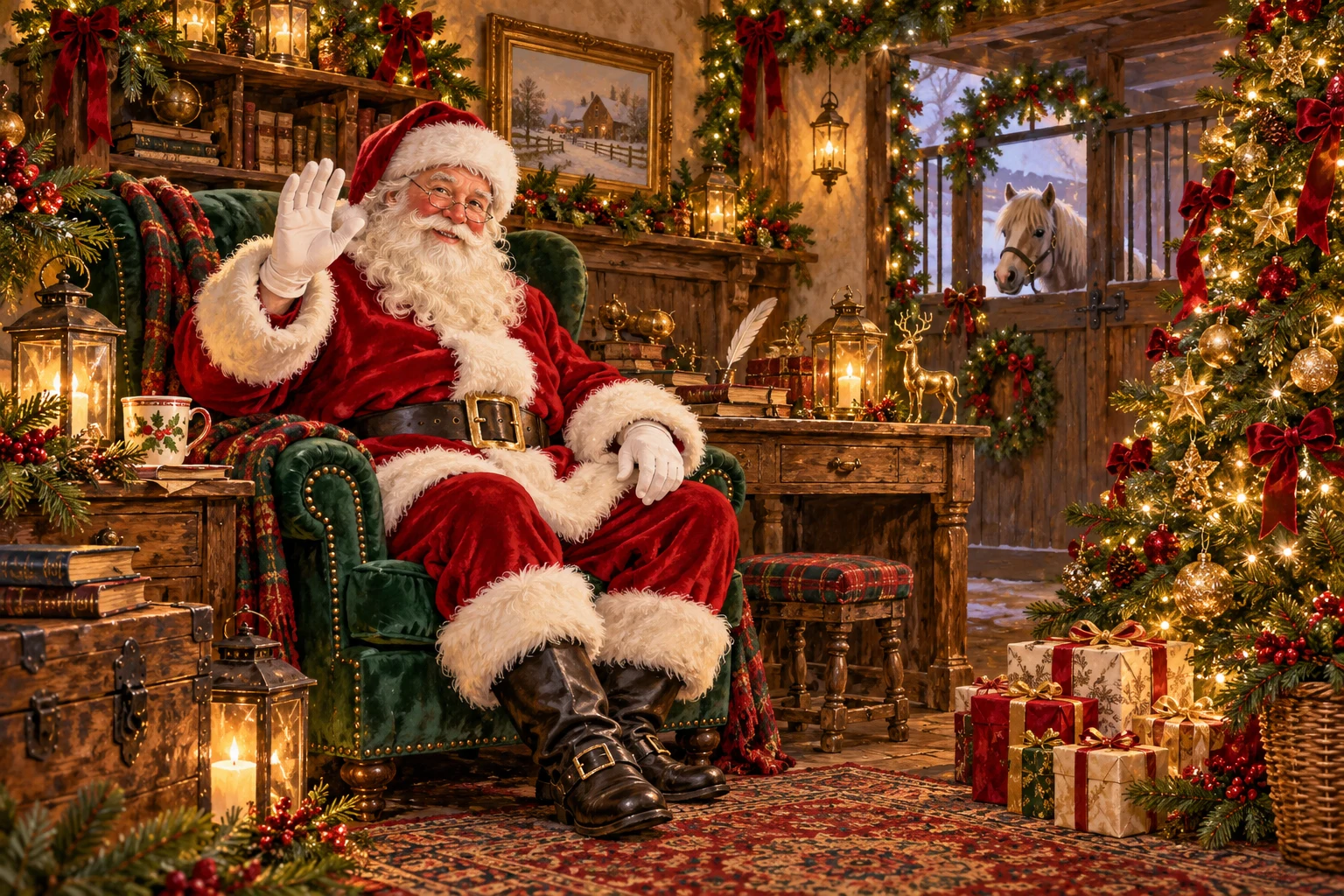 Illustration of a welcoming Santa in a cozy room decorated with a Christmas tree and golden lights