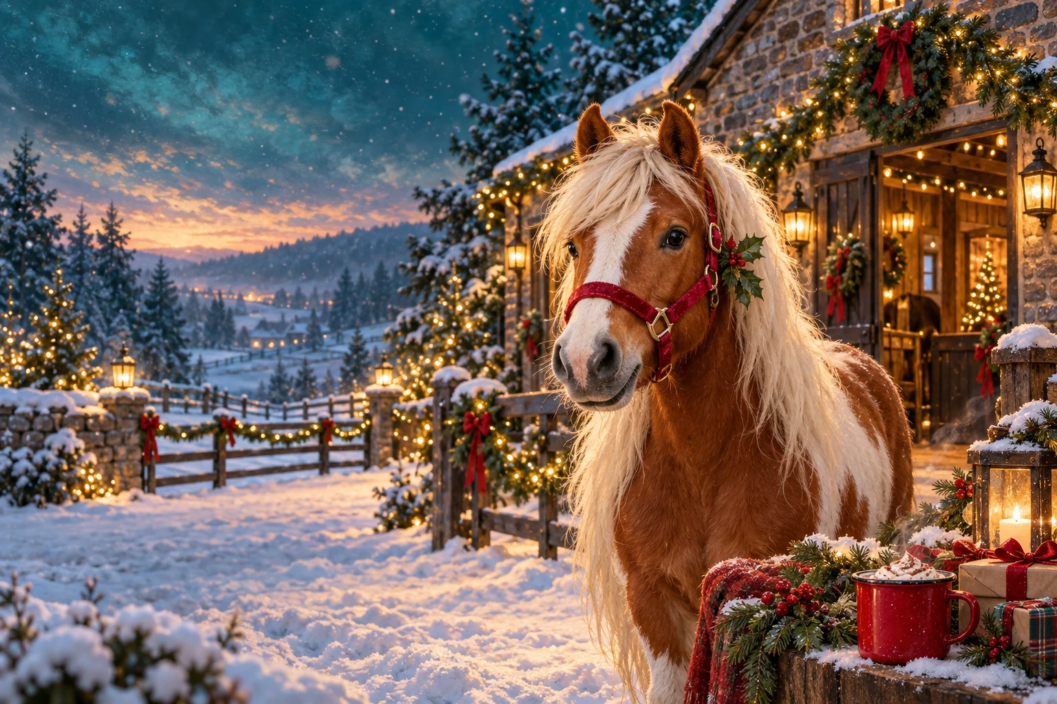 Illustrated chestnut-and-white pony outside a Christmas-lit stone stable in a snowy winter wonderland